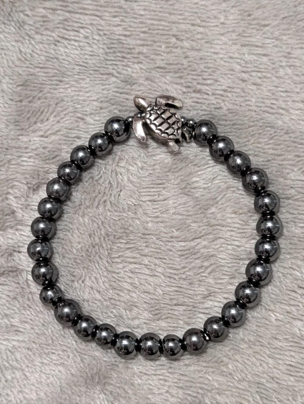 Hematite Beaded Bracelet with Turtle Charm